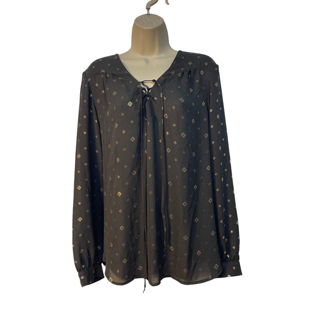 Faded‎ Glory Navy/Golf Long Sleeve Tie Up V-Neck Blouse Size XL 16/18 Pre-owned